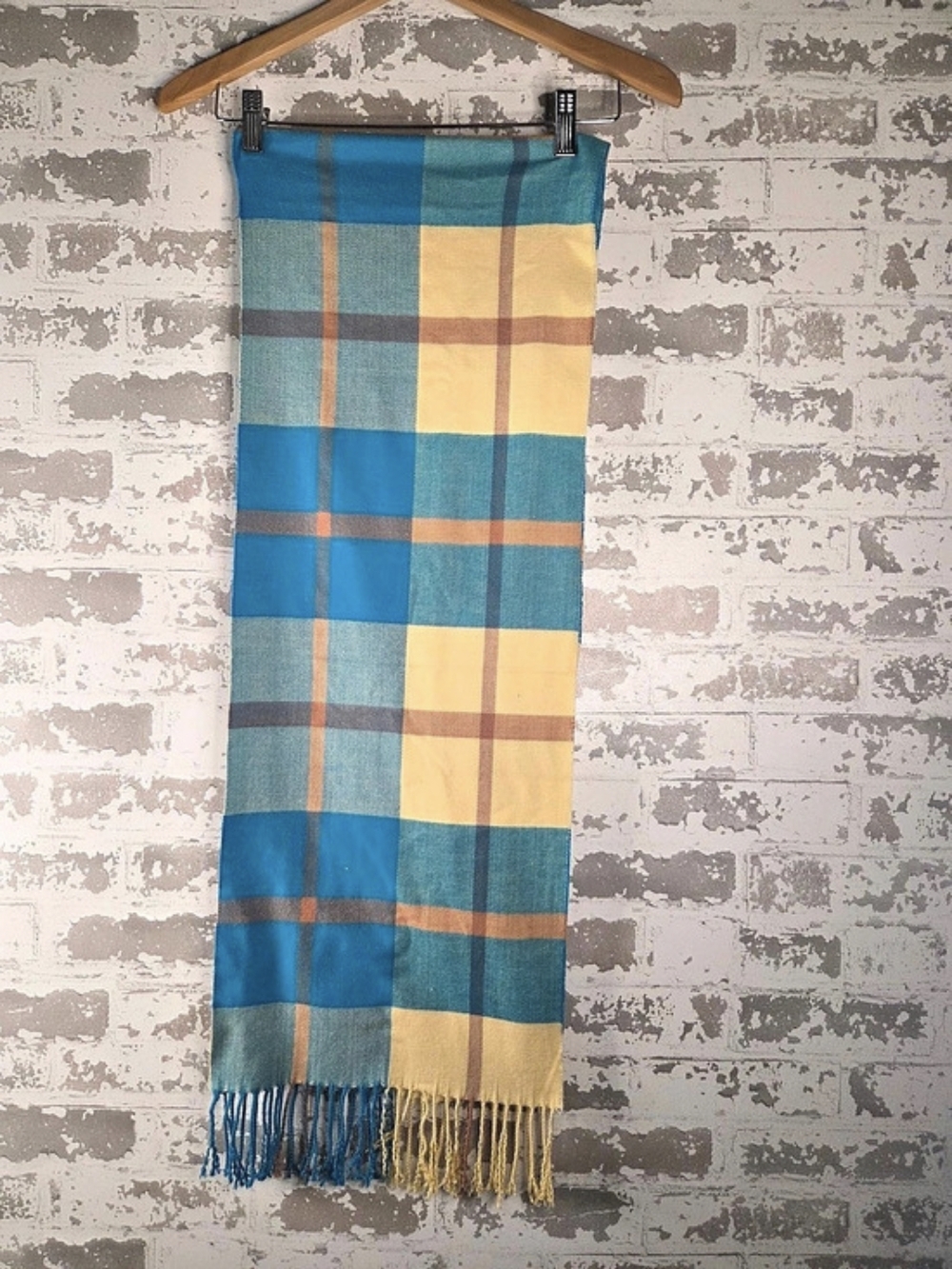 Cashmere Feel Italy Design Plaid Fringe Scarf Blue Yellow Brown Soft Warm Wrap